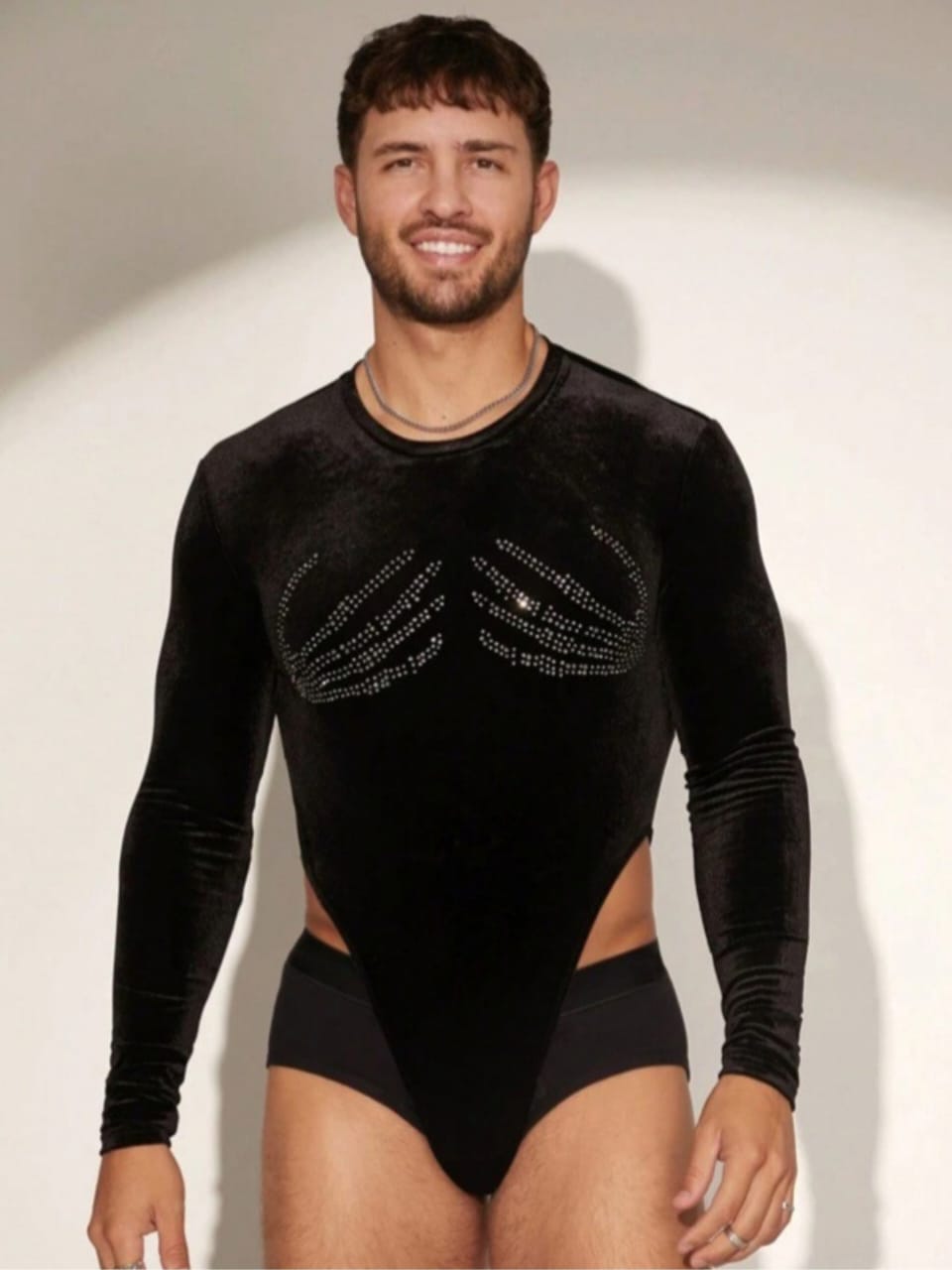 BONGA BOYS Men's crew neck long sleeve Rhinestone Decor Bodysuit